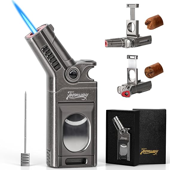 Tesonway Torch Lighter with Windproof Single Jet Flame, Straight & V Cutters, Cigar Draw Enhancer, Refillable Butane Torch Lighter, Gift for Cigar Lovers (Butane Not Included)