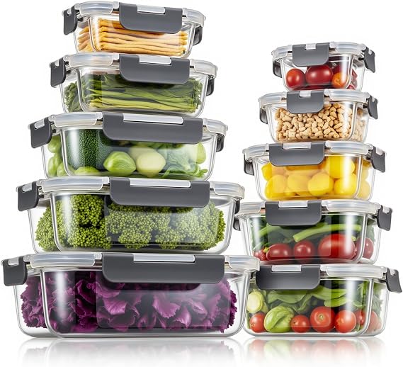 Glass Food Storage Containers with Lids, Meal Prep Containers, Airtight Lunch Containers Bento Boxes with Snap Locking Lids, for Microwave, Oven, Freezer and Dishwasher