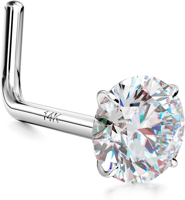 GEMQUEEN 14K Gold Nose Rings Studs : Solid Gold 18G 20G 22G Screw Nose Rings Simulated Diamond CZ Nose Studs Hypoallergenic Nose Piercings for Women Men