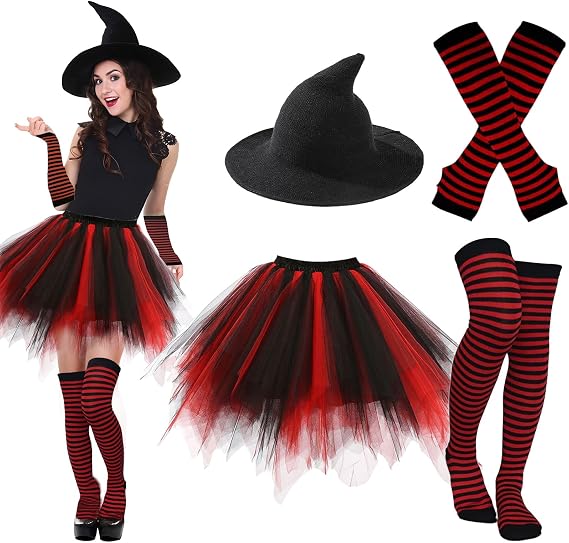 Ibeauti Halloween Witch Costumes for Women Gothic Cosplay Witch Hat Tutu Skirt Striped Knee High Socks Arm Warmers Set
