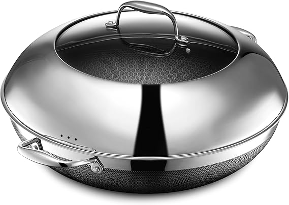 HexClad 14 Inch Hybrid Nonstick Wok with Lid, Stay-Cool Handle, Dishwasher and Oven Safe, Compatible with All Cooktops, Induction Ready