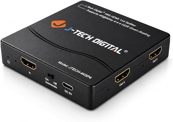 J-Tech Digital HDMI Splitter 4K 60Hz 1X4 Multi-Resolution Output (MRO) HDMI 2.0 Splitter Supports downscale HDR HDR10 / Dolby Vision 4K@60Hz 4:4:4 HDCP2.3 2.2 (JTECH-4KSP4)