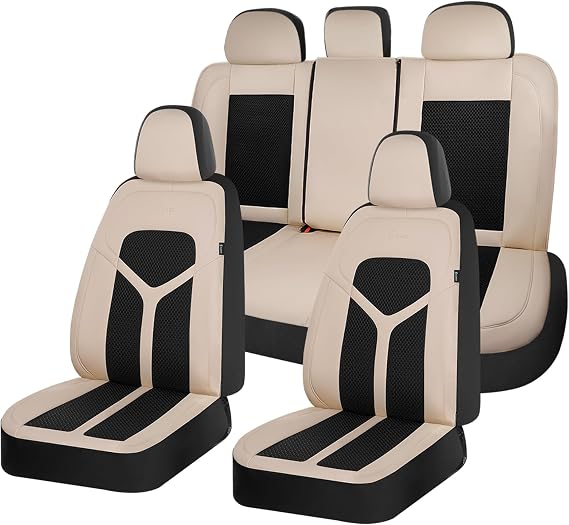 FLORICH Car Seat Covers Full Set, Universal Seat Cover 5 Seats, Automotive Seat Covers with Mesh Leather, Waterproof Car Seat Protector, Breathable Car Seat Cushion for Most Car SUV Truck, Beige