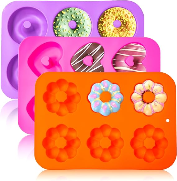 Silicone Donut Pan 3pcs Non-Stick Doughnuts Baking Pans for Donuts, 6 Cavity Fluted Tube Cake Silicone Mold for Baking (Orange+Pink+Purple)