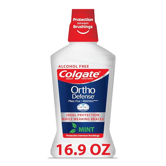 Colgate Ortho Defense Phos-Flur Fluoride Mouthwash for Braces, 16.9 fl oz | Enamel Repair and Reduce White Spots, Alcohol Free Oral Rinse, Orthodontist Recommended, ADA Accepted, Mint Flavor