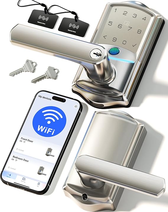 Veise VE029 Wi-Fi Smart Lever Lock with Digital Keypad, Satin Nickel