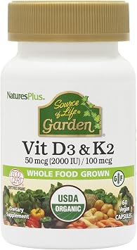 NaturesPlus Source of Life Garden Vitamin D3 & K2 - 60 Capsules - Immune System and Bone Support - USDA Certified Organic, Vegan, Gluten Free - 60 Servings