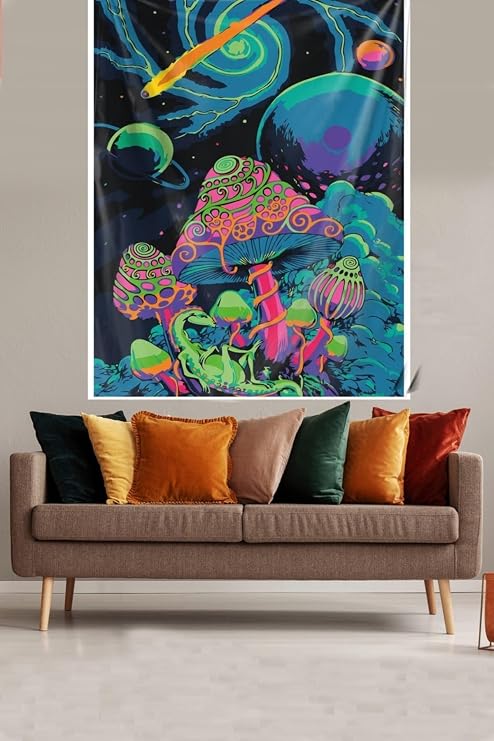 Pelangi Uzaydaki Renkli Mantarlar Desenli Leke Tutmaz Kadife Dokulu Kumaş Duvar Örtüsü Duvar Halısı Tapestry WLL170, 70 x 100