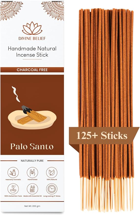125 Sticks of Divine Belief Palo Santo Incense 100% Natural, Handmade, Hand-Dipped Organic and Charcoal Free Incense Sticks for Purification, Relaxation, Positivity, Yoga, and Meditation (200g)
