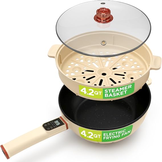 Nutrichef 4L Electric Frying Pan & 4L Steamer | Multifunctional Portable 1000W Non-Stick Pot for Cooking | Durable Heat Safe Handle | Touch Control Panel | Includes a Spatula | White