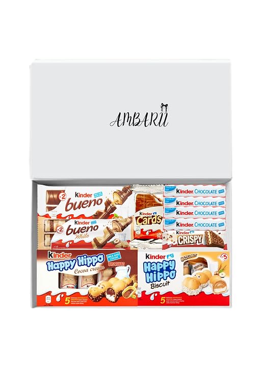 AMBARII Kinder Gift Box, Gift Hamper, Filled with Happy Hippo, Bueno, Cards, Crispy, Chcolate Bar, 10 Pack Variety Hamper