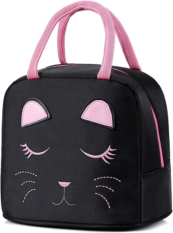 Portable Insulated Lunch Bag for Kids Girls Cute Reusable Lunch Box for School Picnic Leakproof Lunch Tote Handbag(Black)