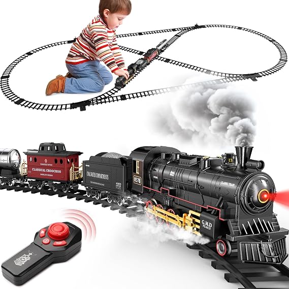 Hot Bee RC Train Set for Kids, Alloy Steam Locomotive with Cars and Tracks