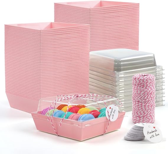 Rocutus 100 Pack Cake Boxes Take Out Boxes Bakery Boxes,Charcuterie Boxes Paper Food Containers to Go Pink Cake Boxes,Pink Bakery Boxes for Packaging, Desserts, Pastry, Cupcakes