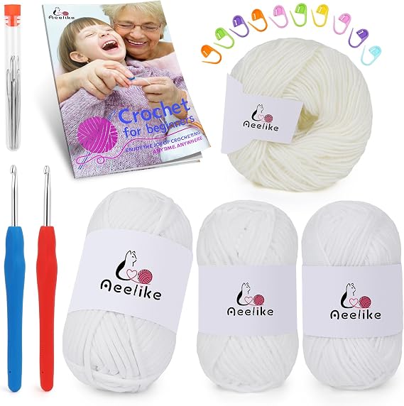 Aeelike Yarn for Crocheting 2 Ergonomic Hooks(G&7),Beginner Crochet Yarn White, Ideal Starter Crochet Set for Beginners 4 Different Materials(Polyester,Cotton, Acrylic, Milk Cotton,)