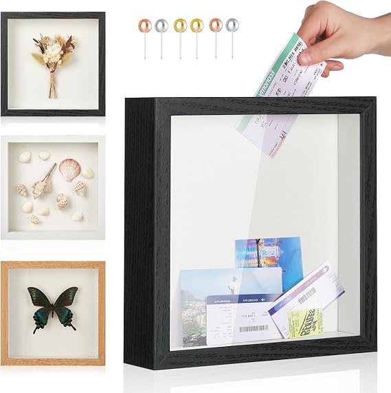 Travel Adventure Archive Shadow Box Frame with Slot, 8x8in Black