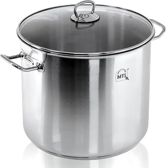 GEEZY Large Stainless Steel Stock Pot with Glass Lid 20 L - Induction Base, All Hob Compatible, Riveted Handles, Vented Cover, Dishwasher Safe - Essential Cooking Pan for Soups, Stews, Curry, Biryani