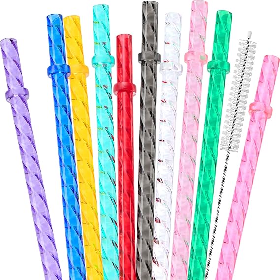 10 Pack Swirl Straws for Starbucks Tumbler, Reusable 11" Long Hard Plastic Shiny Crystal Tumbler Replacement Drinking Straws For 16 OZ 20 OZ 30 OZ Stanley, Yeti Tumblers With Cleaning Brush