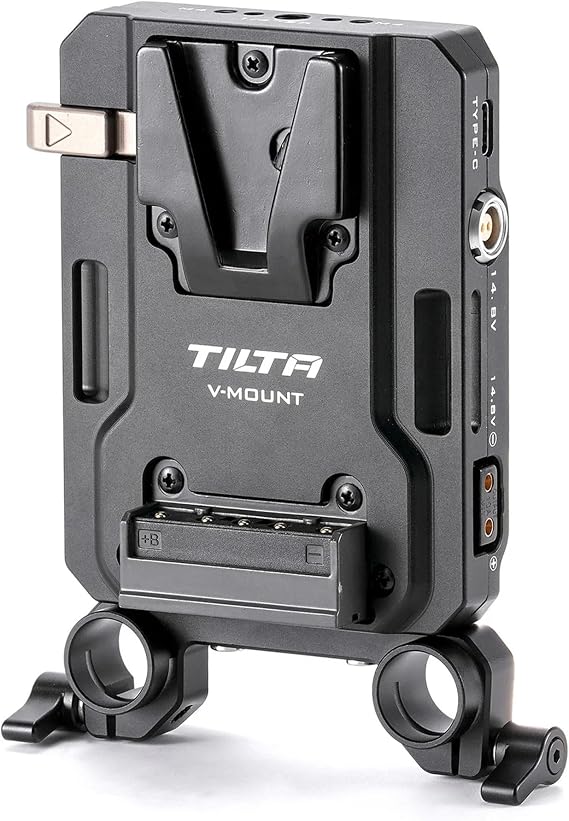 Tilta Mini PD V Mount Battery Plate Black | Include P-Tap, USB-C and 2-Pin Lemo Connections | Security Straps | Compatible with Dual 15mm LWS Rods | Features 1/4-20 and M4 Threads