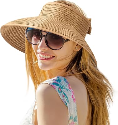 Beach Sun Hats for Women, Wide Brim Visor Hats of Paper Straw, Adjustable, Packable Ponytail Hats Floppy, for Beach Fishing Gardening Golf Hiking, Khaki