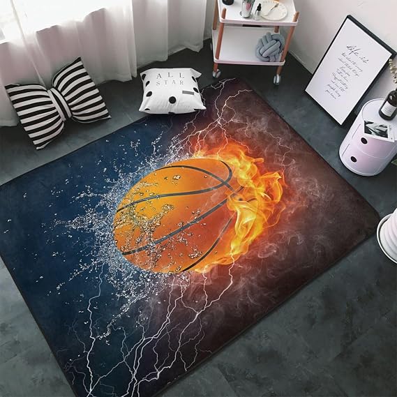 Area Rugs Cover,Basketball Ball in Fire and Water Soft Washable Large Floor Carpets Mats Non-Skid Rug for Boys Girls Room Living Room Bedroom Home Decor 3x5 Ft