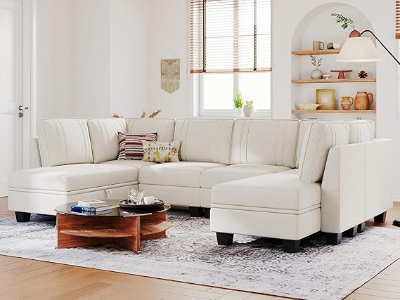 Belffin U-Shaped Sectional Couch with Storage Ottoman - Convertible, Beige