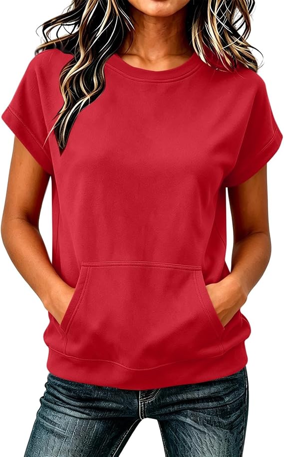 Yihaojia Women Short Sleeve Sweatshirt with Kangaroo Pocket Summer 2026 Trendy Casual Dressy Shirts Lightweight Pullover Tops