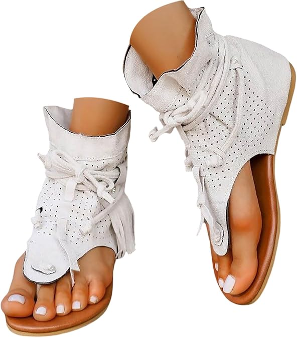Women's Vintage Boho Sandals Flat Summer Beach Shoes Retro Fringe Tassel Clip Toe Casual Roman Flip Flops Dressy Bohemian Footwear
