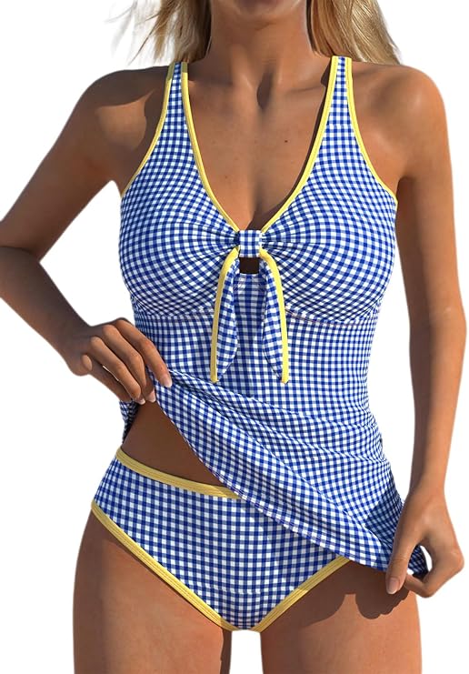 MODLILY Contrast Binding Tankini Swimsuits for Women, Two Piece Cute Bathing Suits, Bowknot Top with Mid Rise Briefs