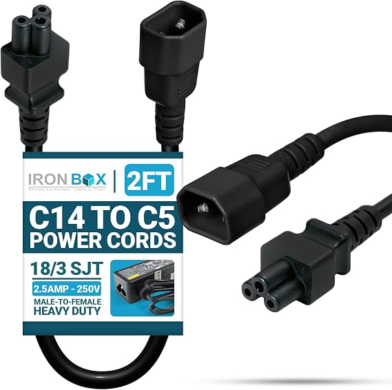 IronBox Electric C14 to C5 Power Cords - 2.5A, 250V, 18/3 SJT - UL Listed Power Extension Cable - Electrical Supply - Heavy Duty Plug and Connector for Computer, Monitor, Laptop, PDU and More (2 ft)
