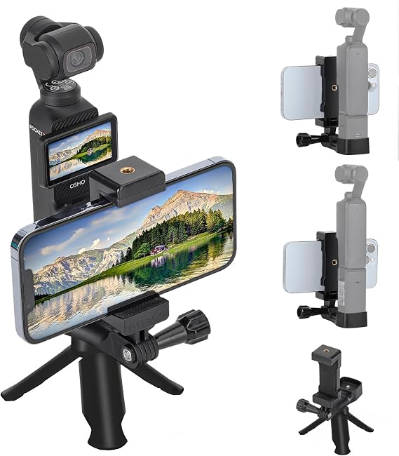 Osmo Pocket 4 Phone Holder+Osmo Pocket 4 Tripod,Front Smartphone Bracket Mount with 1/4 Screw Adapter Compatible with DJI Osmo Pocket 4/3 Expansion