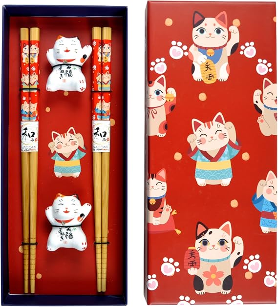 2 Pair Japanese Asian Bamboo Chopsticks Set with Chopsticks Rest Double Pairs In Gift Box Packaging (Lucky Cat)