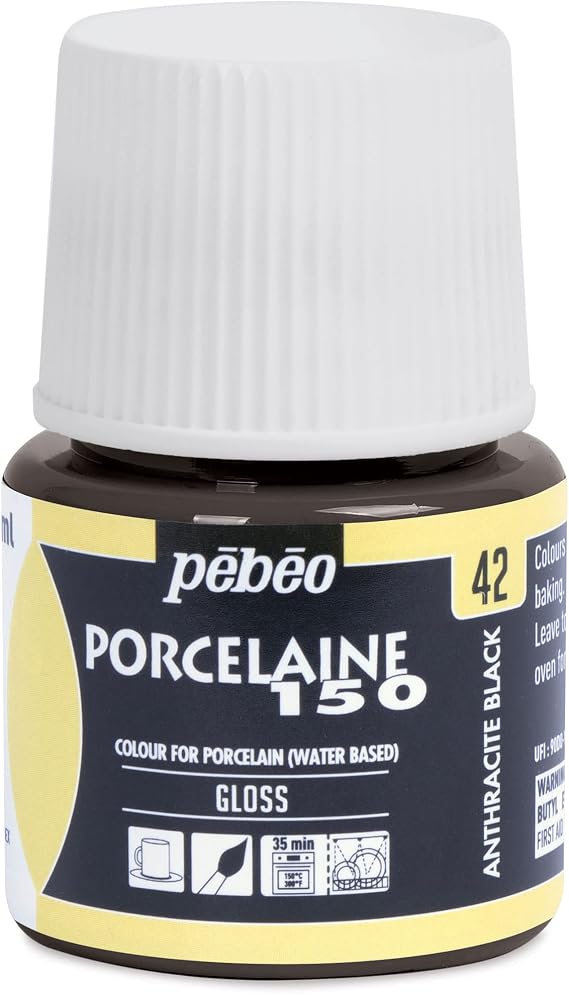 PEBEO Porcelaine 150 Ceramic Paint - Water-Based High-Gloss Paint, 45 ml Bottle - Anthracite Black