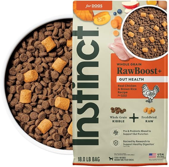 Instinct RawBoost Gut, Dry + Freeze Dried, Chicken & Brown Rice, 18 lb | High-protein kibble with FreshDried raw bites, prebiotics and probiotics for digestive health, whole grain recipe