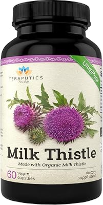 Teraputics Organic Milk Thistle | Non GMO 2000mg 4X Concentrated Vegan Daily Supplement wSilymarin Seed Extract for Liver Support, Detox and Cleanse - 60 Veggie Capsules