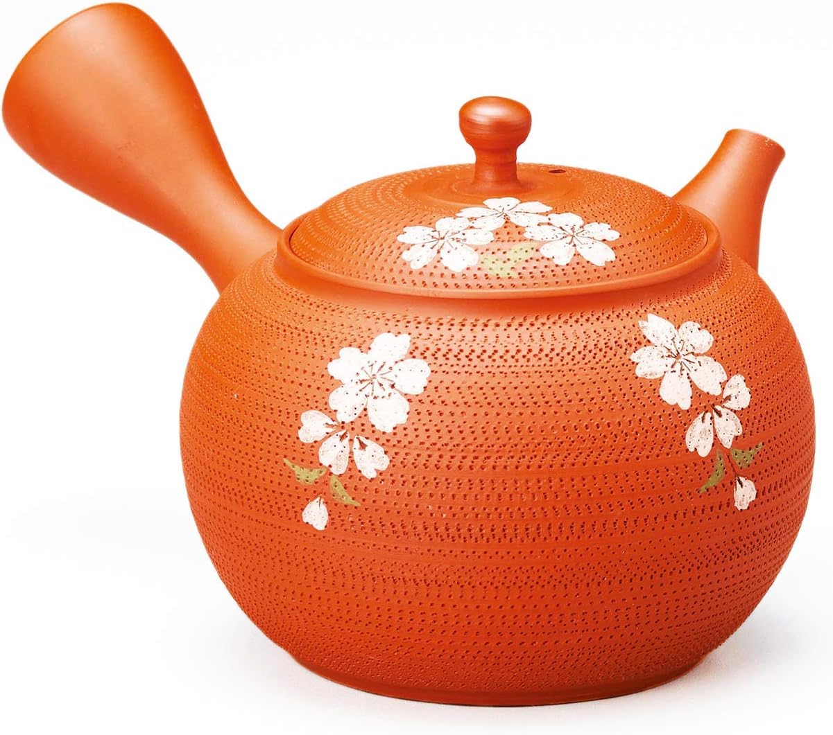 Japanese Kyusu Round Teapot, Traditional Tokoname Ceramic, 320cc, Orange and Shidarezakura Tamahikari Cherry Blossoms, with Built-in Filter, Made in Japan
