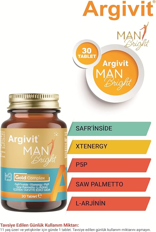 Argivit Man Bright Tablet Cüce Palmiye Saw Palmetto, Safran, Isırgan ve L Arjinin 30 Tablet