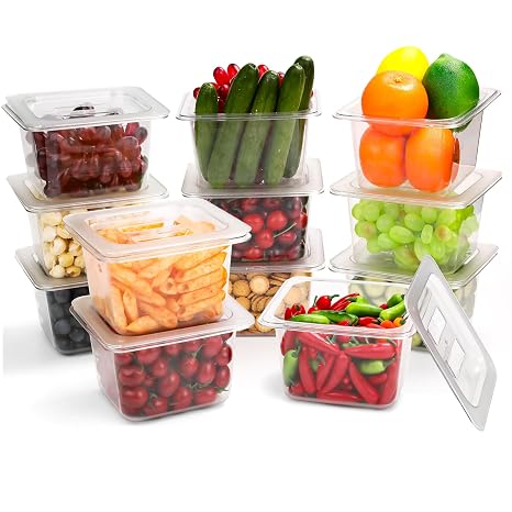 VOISEN 12 Pack Plastic Food Pan with Lids 1/6 Size 4 Inch Deep Commercial Food Storage Containers for Fridge Salad Fruits Vegetables Clear Restaurant Polycarbonate