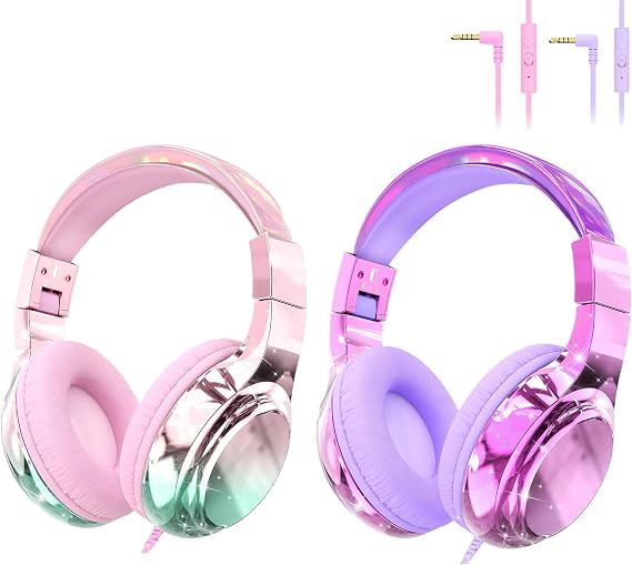 QearFun Gradient Pink+Gradient purpleKids Headphones Wired with 85/94dB Volume Limit, Foldable On-Ear Headset with Microphone & Audio Sharing Port for School, Travel, Tablet, iPad - for Boys & Girls