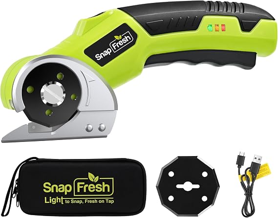 SnapFresh 4V Cordless Electric Scissors, Rechargeable Cardboard Cutter & Box Cutter Rotary Tool, 285 RPM Fabric Carpet Leather Cutter with LED, Extra Blade, 2.0Ah Battery & Storage Bag(SP5091)