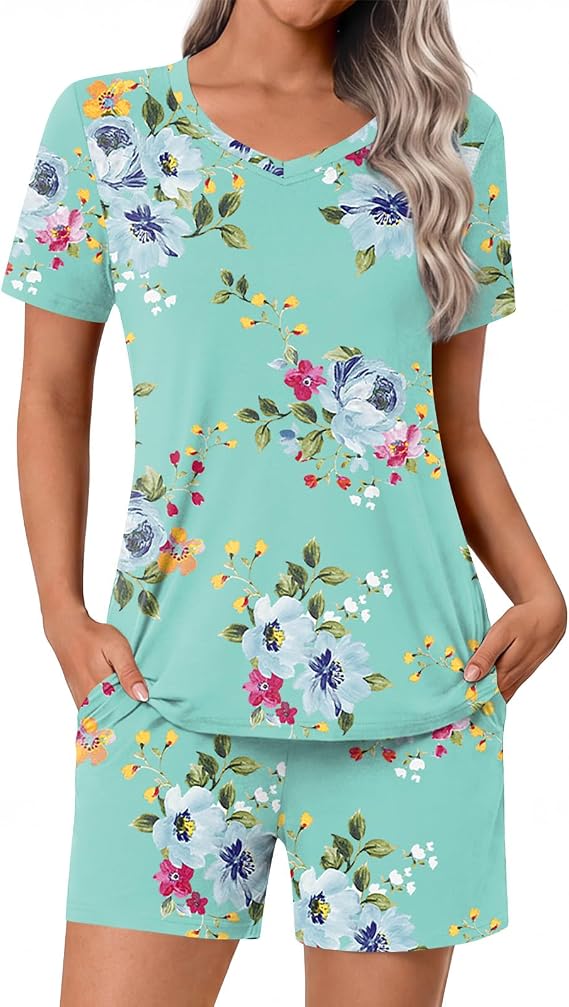 syoss Womens Pajama Set Short Sleeve Lounge Set with Pockets