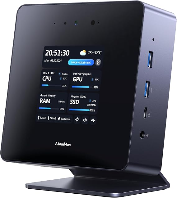 AtomMan X7 Ti Mini PC Intel Core Ultra 9 185H Processor,16 Cores/22 Threads,32GB DDR5 1TB SSD, 1080P Camera/RJ45 5Gbps 2/Wi-Fi 7/Bluetooth 5.4/HDMI 2.1 FRL/DP 2.0/USB4 2,4 x USB A,OCulink 4X
