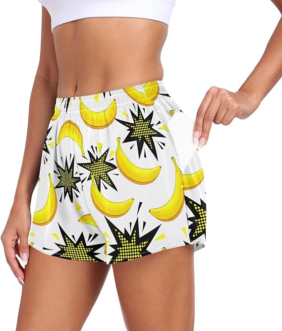 Banana Comic Starbursts White Women's Athletic Shorts High Waisted Running Shorts with Zipper Pockets Workout Shorts