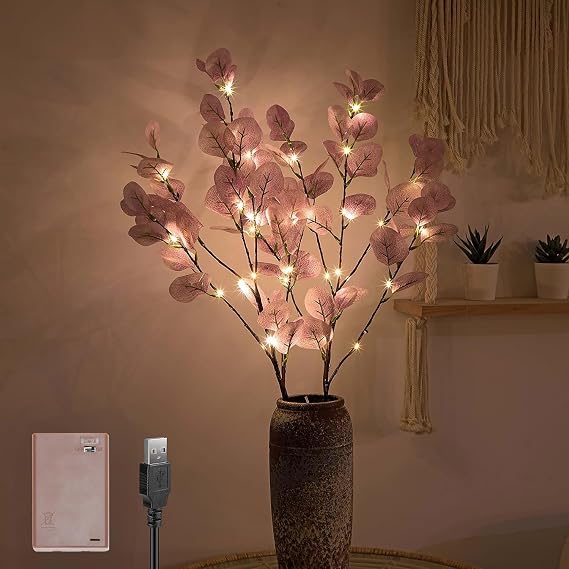 Lightshare 30IN Lighted Eucalyptus Branches 38LED with Timer Battery Operated Lit Artificial Twig for Wedding Holiday Party Christmas Home Decoration, Purple