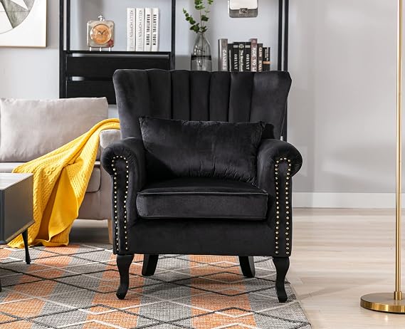 Kmax Black Accent Chair Velvet Wingback Chair with Pillow Nail-Head Channel Tufted Oversized Club Chair for Living Room Bedroom Guest Room
