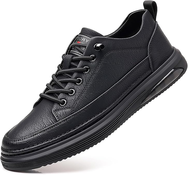 Men's Leather Fashion Sneakers Simple Handmade Vintage Low Top Round-Toe Elastic Lace Up Slip on Casual Shoes Comfortable Non Slip Classic Tennis Shoes