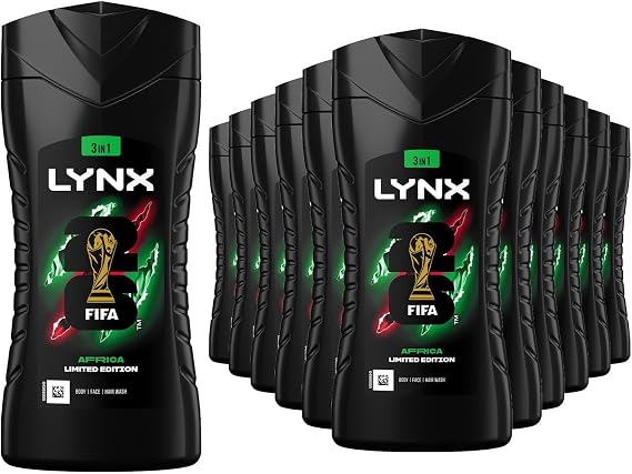 Lynx Limited Edition FIFA Africa 3-in-1 Body Wash 225ml, 12 Pack Men's Shower Gel for Body Hair Face, 12H Refreshing Fragrance, Hydrating Cleansing Shower Gel, Daily Grooming Body Wash for Men