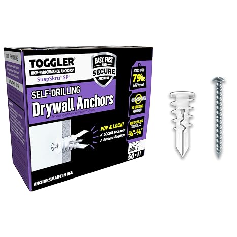 TOGGLER SnapSkru SP Drywall Anchors with Screws, 50 Pack | Glass-filled nylon self-drilling drywall anchors with screws for #6 to #10 fasteners