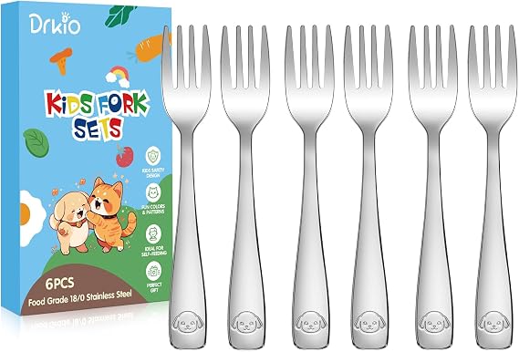 DRKIO 6Pcs Stainless Steel Toddler Forks Set Small Metal Kids Silverware
