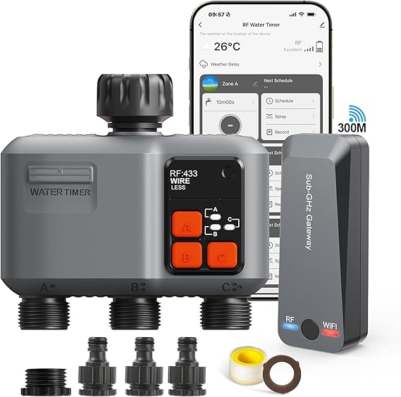 johgee Irrigation Computer WLAN 3 Outputs with 300 m RF Technology & Strong Wall Penetration Smart Irrigation Computer with Alexa & Smart Life App Automatic Irrigation System for Garden Lawn